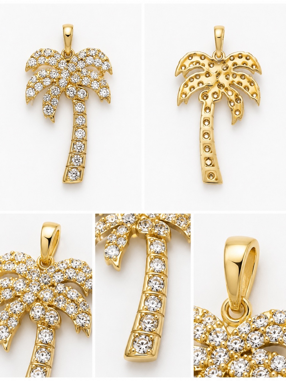 Gold Palm Tree Pendant Necklace - Crystal Accent